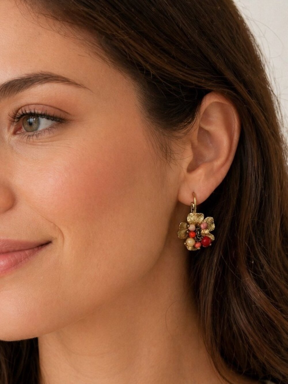 Anthropologie Beaded Flower Cluster Leverback Earrings Coral Pink Gold Tone Boho